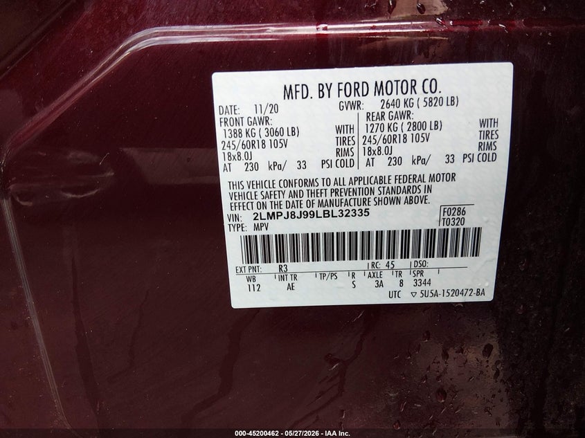 2020 Lincoln Nautilus VIN 2LMPJ8J99LBL32335 IAAI salvage auction — HAIL, Salvage Title, sold $8,925 on 2026-07-24 (photo 9)