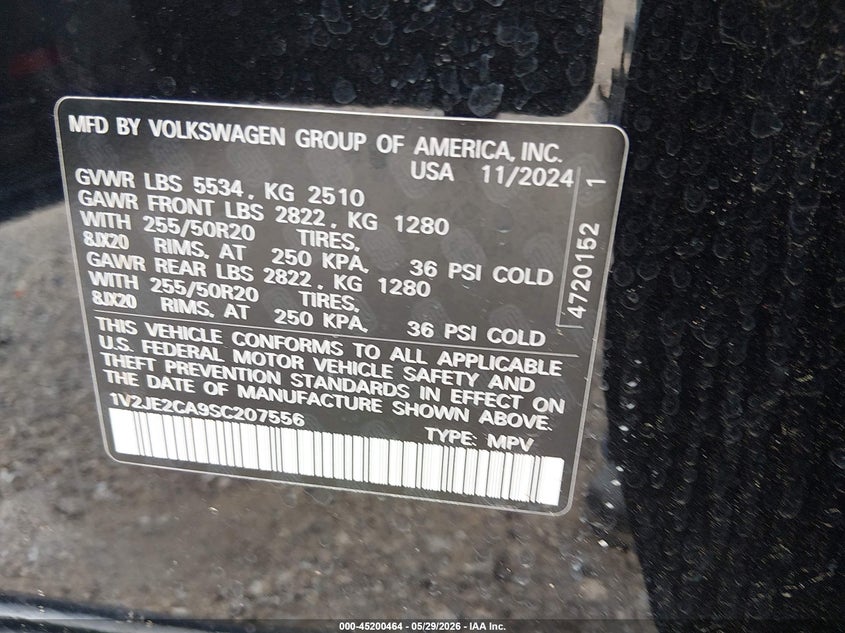 2025 Volkswagen Atlas cross sport VIN 1V2JE2CA9SC207556 IAAI salvage auction — VANDALISM, Salvage Title, sold $11,850 on 2026-07-20 (photo 9)