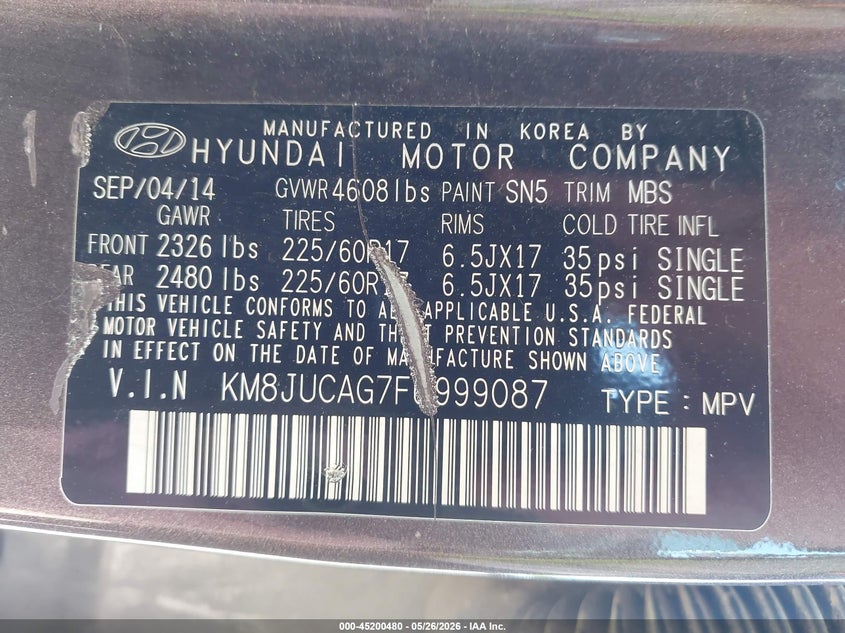 2015 Hyundai Tucson VIN KM8JUCAG7FU999087 IAAI salvage auction — FRONT END, Salvage Title, sold $1,200 on 2026-07-16 (photo 9)