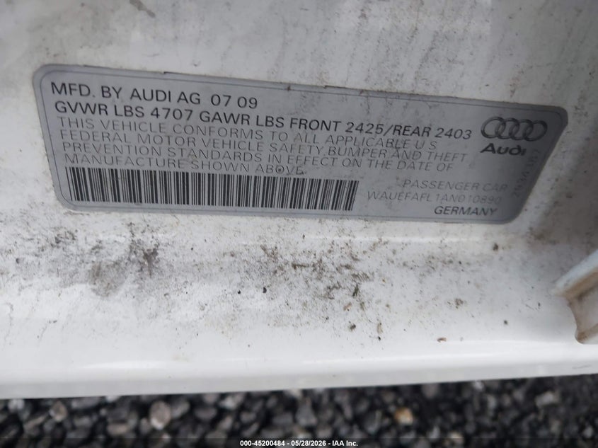 2010 Audi A4 VIN WAUEFAFL1AN010890 IAAI salvage auction — FRONT END, Salvage (South Carolina), sold $600 on 2026-07-07 (photo 9)