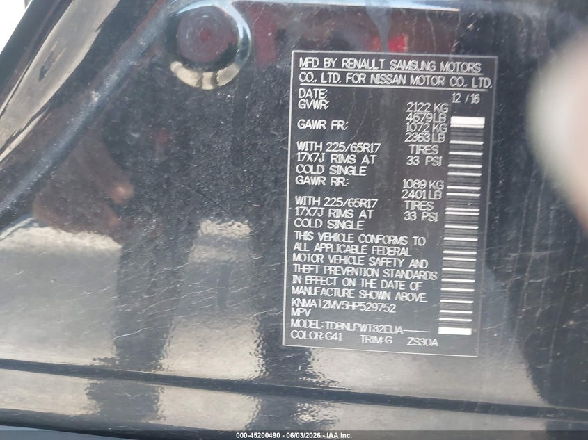 2017 Nissan Rogue VIN KNMAT2MV5HP529752 IAAI salvage auction — RIGHT FRONT, Mv-907A (New York), sold $1,500 on 2026-07-16 (photo 9)
