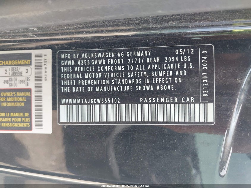 2012 Volkswagen Golf VIN WVWMM7AJ6CW355102 IAAI salvage auction — FRONT END, Salvage Title, sold $325 on 2026-07-07 (photo 9)