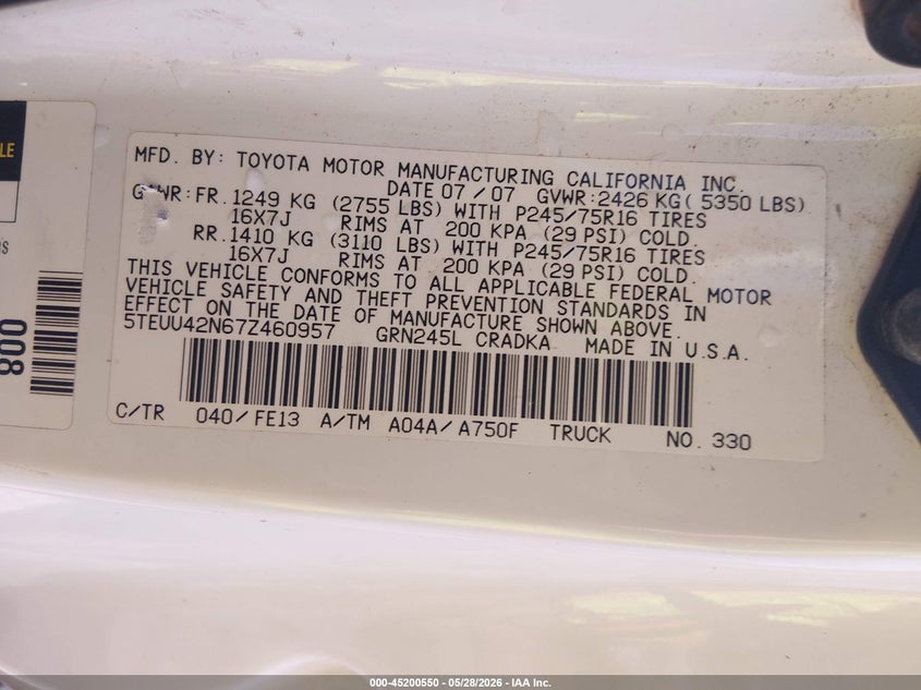 2007 Toyota Tacoma VIN 5TEUU42N67Z460957 IAAI salvage auction — RIGHT FRONT, Salvage (Illinois), sold $3,100 on 2026-07-07 (photo 9)