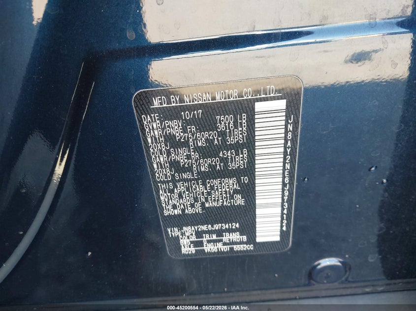 2018 Nissan Armada VIN JN8AY2NE6J9734124 IAAI salvage auction — FRONT END, Salvage (California), sold $7,650 on 2026-07-23 (photo 9)
