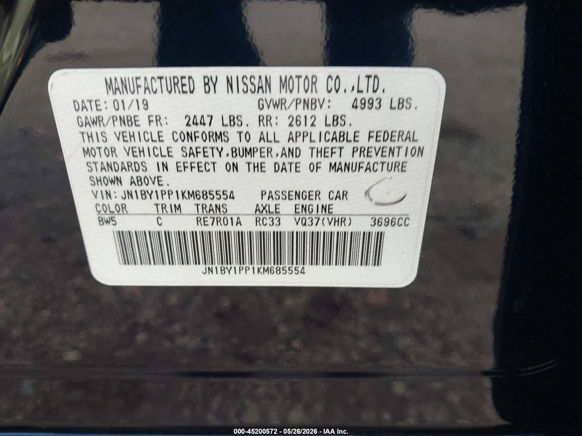 2019 Infiniti Q70 VIN JN1BY1PP1KM685554 IAAI salvage auction — FRONT END, Salvage Title, sold $1,875 on 2026-07-08 (photo 9)