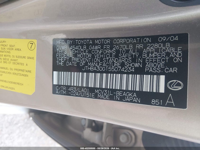 2005 Lexus Es 330 VIN JTHBA30G155074234 IAAI salvage auction — FRONT END, Clear (Oklahoma), sold $450 on 2026-07-29 (photo 9)