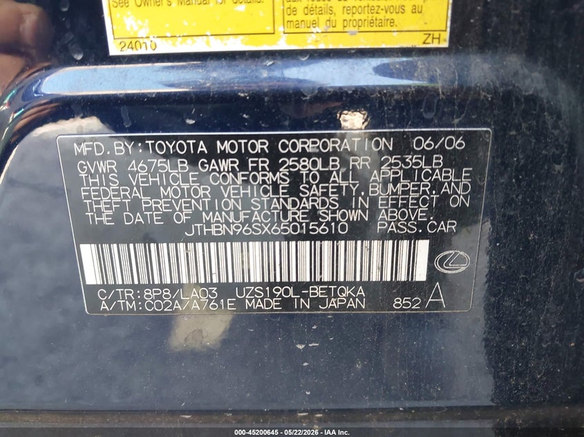 2006 Lexus Gs VIN JTHBN96SX65015610 IAAI salvage auction — FRONT END, Original (Texas), sold $875 on 2026-07-21 (photo 9)