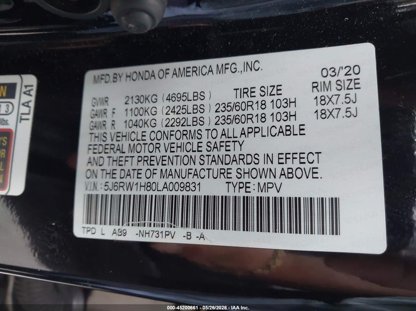 2020 Honda Cr-v VIN 5J6RW1H80LA009831 IAAI salvage auction — RIGHT REAR, Salvage (California), sold $10,450 on 2026-07-09 (photo 9)
