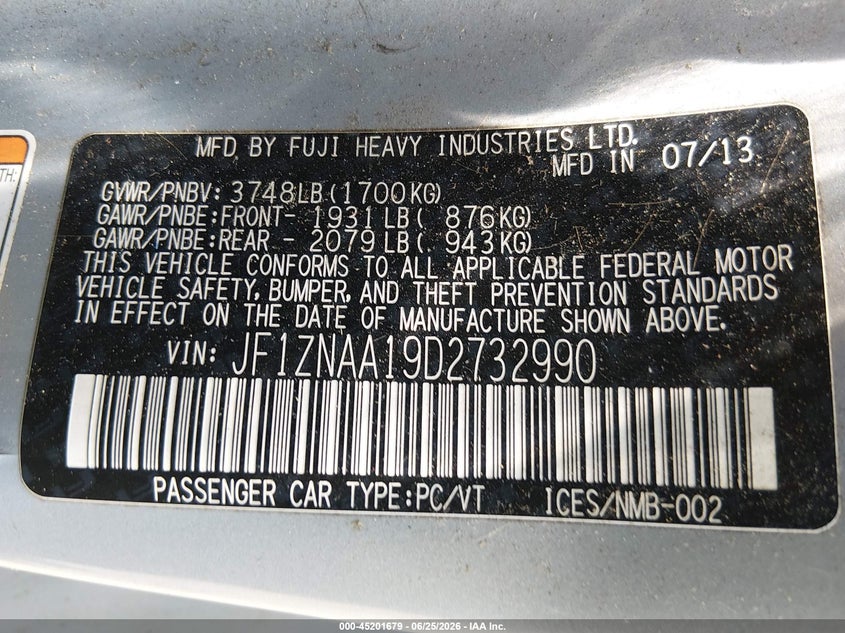 2013 Scion Fr-s VIN JF1ZNAA19D2732990 IAAI salvage auction — LEFT SIDE, Salvage (New Jersey), sold $1,700 on 2026-07-28 (photo 9)