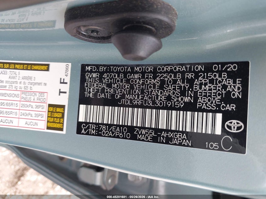 2020 Toyota Prius VIN JTDL9RFU3L3019159 IAAI salvage auction — HAIL, Salvage Title, sold $13,550 on 2026-07-06 (photo 9)