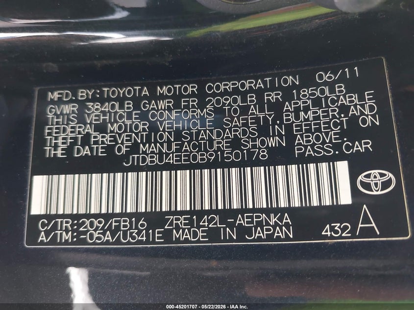 2011 Toyota Corolla VIN JTDBU4EE0B9150178 IAAI salvage auction — FRONT & REAR, Salvage (California), sold $1,150 on 2026-10-07 (photo 9)