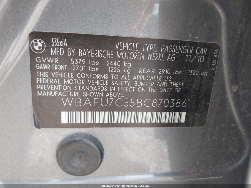 2011 BMW 5 series VIN WBAFU7C55BC870386 IAAI salvage auction — HAIL, Clear (Missouri), sold $925 on 2026-07-13 (photo 9)