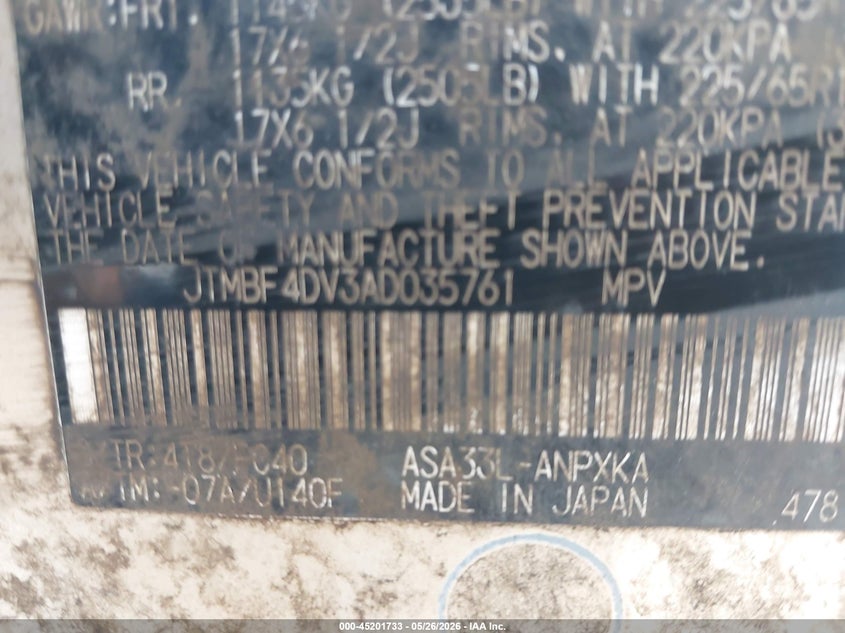 2010 Toyota Rav4 VIN JTMBF4DV3AD035761 IAAI salvage auction — NORMAL WEAR, Bill Of Sale - Parts Only (Connecticut), sold $1,450 on 2026-07-30 (photo 9)