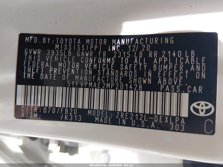 2021 Toyota Corolla VIN 5YFVPMAE2MP201428 IAAI salvage auction — UNKNOWN, Salvage (Missouri), sold $5,000 on 2026-07-29 (photo 9)