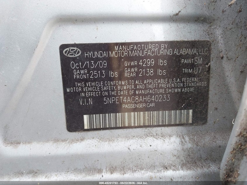 2010 Hyundai Sonata VIN 5NPET4AC8AH640233 IAAI salvage auction — SIDE, Salvage (Hawaii), sold $25 on 2026-07-14 (photo 9)