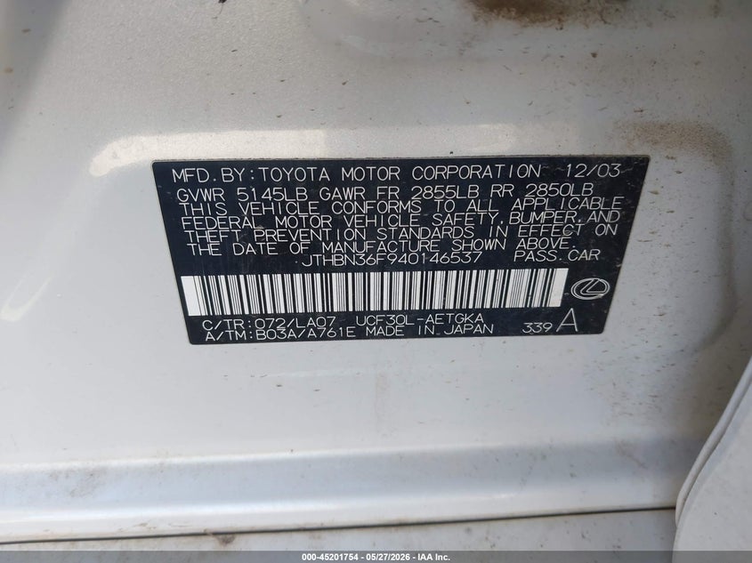 2004 Lexus Ls VIN JTHBN36F940146537 IAAI salvage auction — RIGHT SIDE, Salvage (California), sold $600 on 2026-07-09 (photo 9)