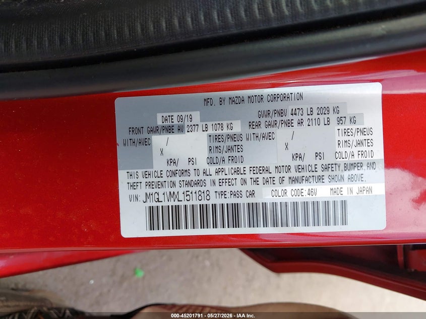 2020 Mazda 6 VIN JM1GL1VMXL1511818 IAAI salvage auction — HAIL, Salvage Title, sold $4,800 on 2026-07-14 (photo 9)