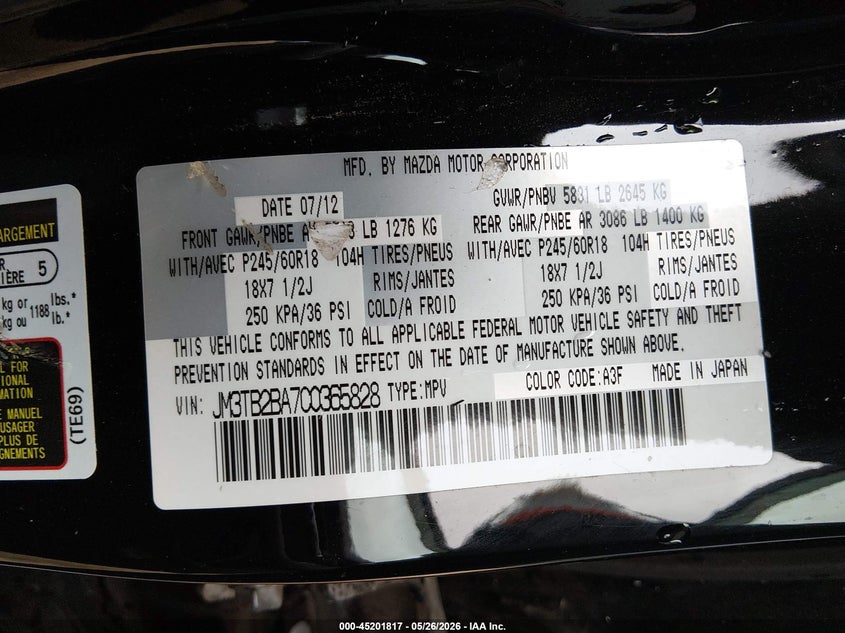 2012 Mazda Cx-9 VIN JM3TB2BA7C0365828 IAAI salvage auction — REAR END, Salvage (California), sold $350 on 2026-07-29 (photo 9)