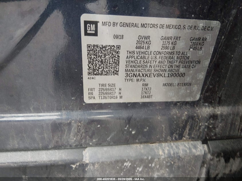 2019 Chevrolet Equinox VIN 3GNAXKEV8KL190000 IAAI salvage auction — HAIL, Salvage Title, sold $50 on 2026-07-24 (photo 9)