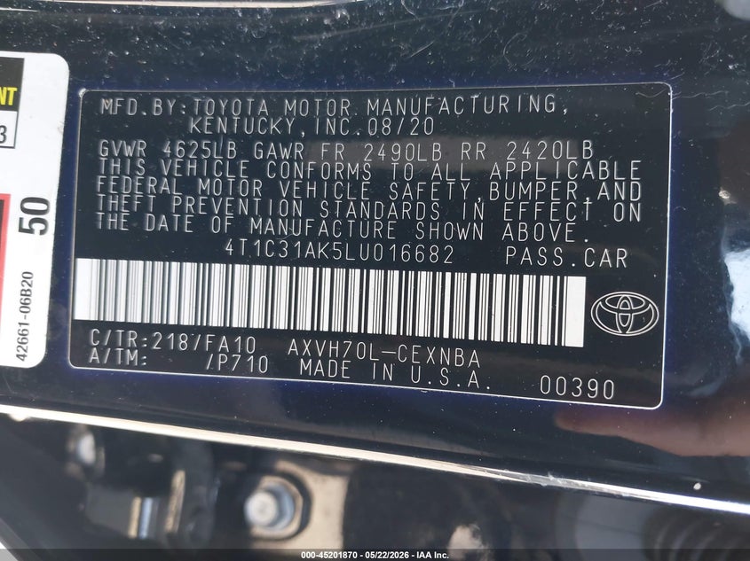 2020 Toyota Camry VIN 4T1C31AK5LU016682 IAAI salvage auction — REAR END, Salvage (Oregon), sold $5,300 on 2026-07-09 (photo 7)