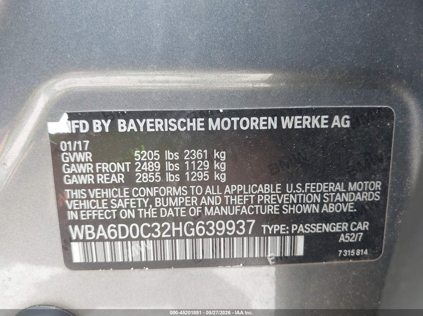 2017 BMW 6er VIN WBA6D0C32HG639937 IAAI salvage auction — FRONT END, Salvage Title, sold $7,450 on 2026-07-07 (photo 9)