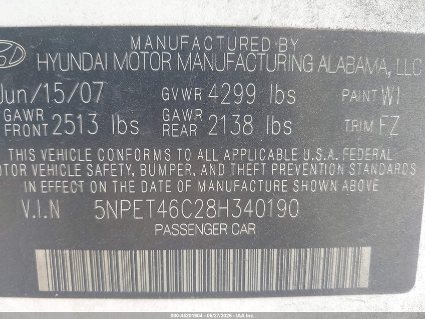 2008 Hyundai Sonata VIN 5NPET46C28H340190 IAAI salvage auction — LEFT FRONT, Salvage (California), sold $150 on 2026-07-27 (photo 9)