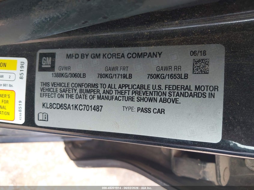 2019 Chevrolet Spark VIN KL8CD6SA1KC701487 IAAI salvage auction — SIDE, Clear (Oklahoma), sold $25 on 2026-07-22 (photo 9)