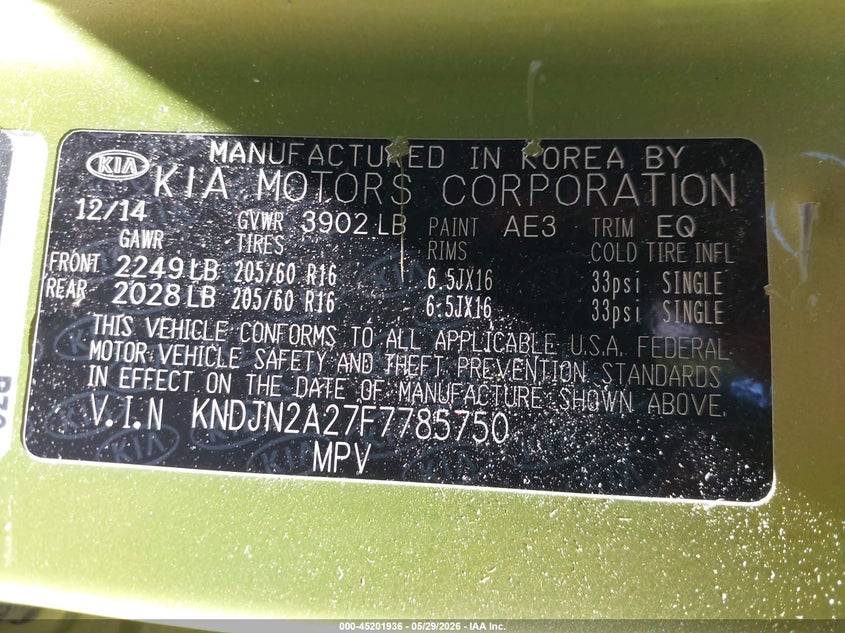 2015 Kia Soul VIN KNDJN2A27F7785750 IAAI salvage auction — RIGHT SIDE, Salvage - Greater Than 75% (Maryland), sold $1,700 on 2026-07-15 (photo 9)