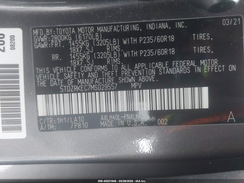 2021 Toyota Sienna VIN 5TDZRKEC7MS029557 IAAI salvage auction — RIGHT SIDE, Salvage Title, sold $22,650 on 2026-07-13 (photo 9)