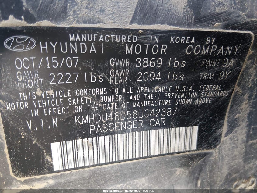 2008 Hyundai Elantra VIN KMHDU46D58U342387 IAAI salvage auction — FRONT & REAR, Salvage (Kansas), sold $200 on 2026-07-10 (photo 9)