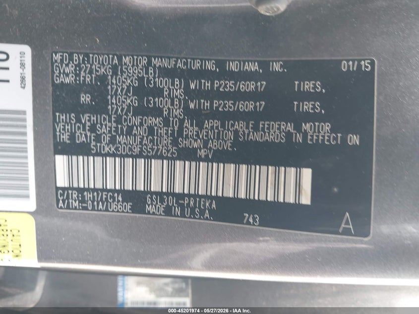 2015 Toyota Sienna VIN 5TDKK3DC9FS577625 IAAI salvage auction — FRONT END, Salvage Title, sold $1,250 on 2026-07-22 (photo 9)