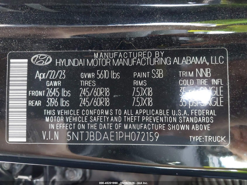 2023 Hyundai Santa cruz VIN 5NTJBDAE1PH072159 IAAI salvage auction — HAIL, Clear (Missouri), sold $8,950 on 2026-07-20 (photo 9)