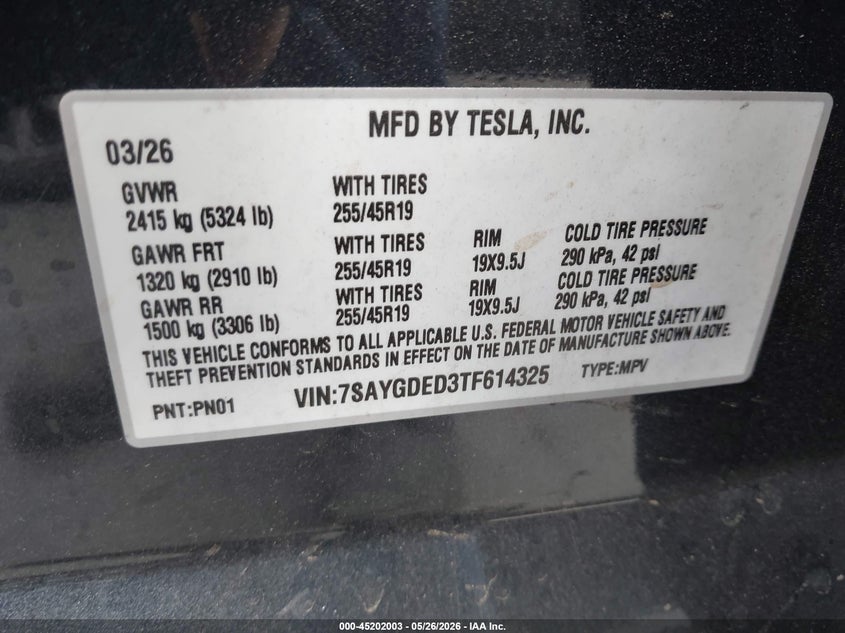2026 Tesla Model y VIN 7SAYGDED3TF614325 IAAI salvage auction — FRONT END, Salvage Certificate (California), sold $19,550 on 2026-07-08 (photo 9)