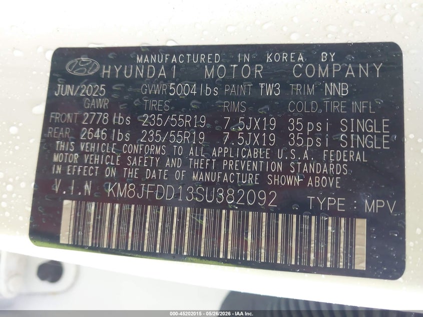 2025 Hyundai Tucson VIN KM8JFDD13SU382092 IAAI salvage auction — REAR END, Salvage Title, sold $11,400 on 2026-08-27 (photo 9)