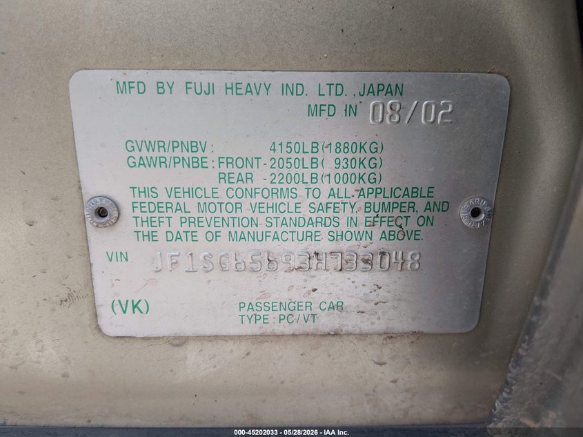 2003 Subaru Forester VIN JF1SG65693H733048 IAAI salvage auction — NORMAL WEAR, Clear (Utah), sold $250 on 2026-07-17 (photo 9)