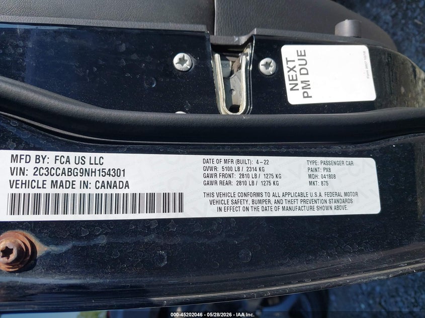 2022 Chrysler 300 VIN 2C3CCABG9NH154301 IAAI salvage auction — FRONT END, Salvage Title, sold $7,025 on 2026-08-18 (photo 9)