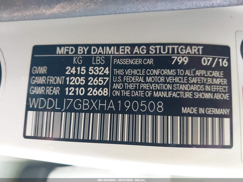 2017 Mercedes-benz VIN WDDLJ7GBXHA190508 IAAI salvage auction — FRONT END, Salvage Title, sold $19,900 on 2026-07-06 (photo 9)