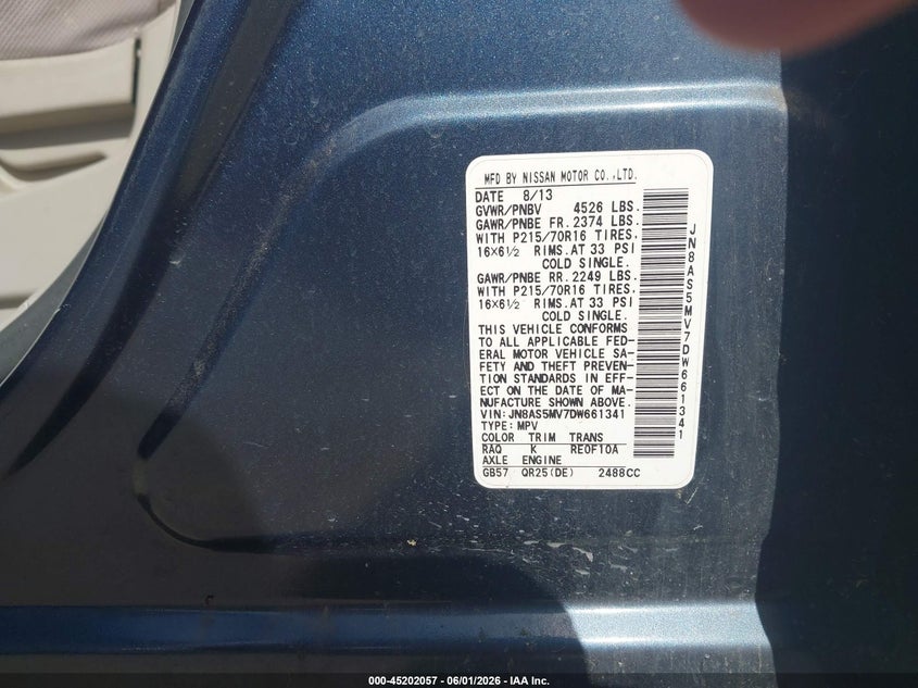 2013 Nissan Rogue VIN JN8AS5MV7DW661341 IAAI salvage auction — NORMAL WEAR, Salvage Title, sold $925 on 2026-07-15 (photo 9)
