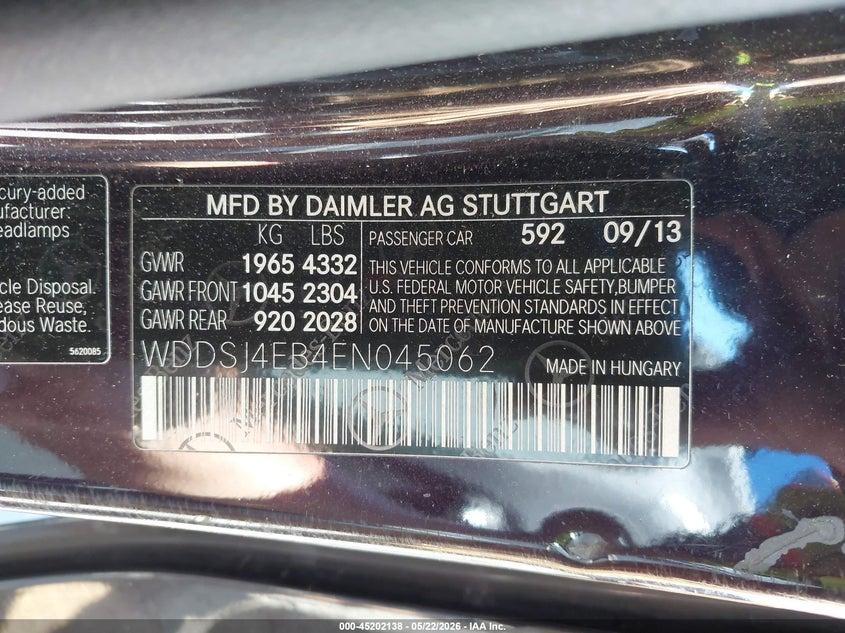 2014 Mercedes-benz VIN WDDSJ4EB4EN045062 IAAI salvage auction — FRONT END, Salvage (California), sold $1,725 on 2026-07-08 (photo 9)