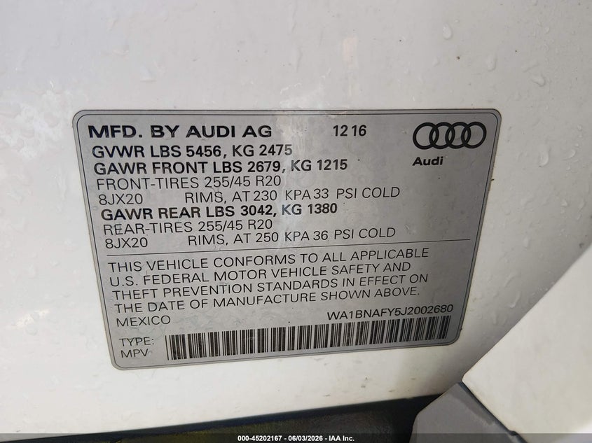 2018 Audi Q5 VIN WA1BNAFY5J2002680 IAAI salvage auction — ELECTRICAL, Salvage (Missouri), sold $5,900 on 2026-07-21 (photo 9)