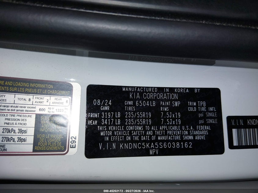 2025 Kia Carnival VIN KNDNC5KA5S6038162 IAAI salvage auction — RIGHT FRONT, Salvage (Arizona), sold $11,100 on 2026-07-28 (photo 9)