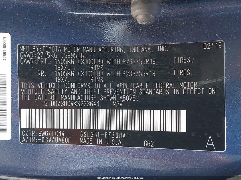 2019 Toyota Sienna VIN 5TDDZ3DC4KS223641 IAAI salvage auction — REAR END, Salvage Title, sold $13,700 on 2026-07-25 (photo 9)