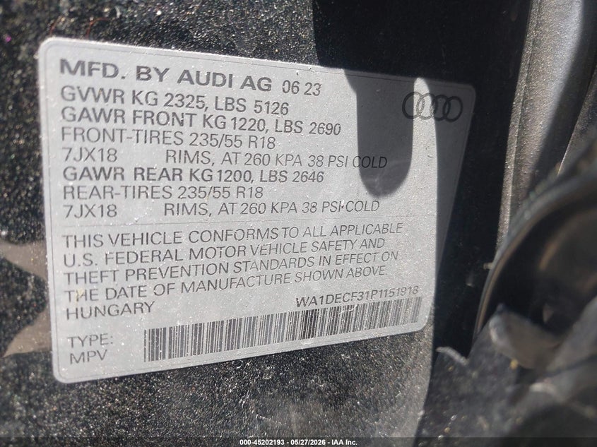 2023 Audi Q3 VIN WA1DECF31P1151918 IAAI salvage auction — FRONT END, Salvage Title, sold $7,400 on 2026-08-01 (photo 9)