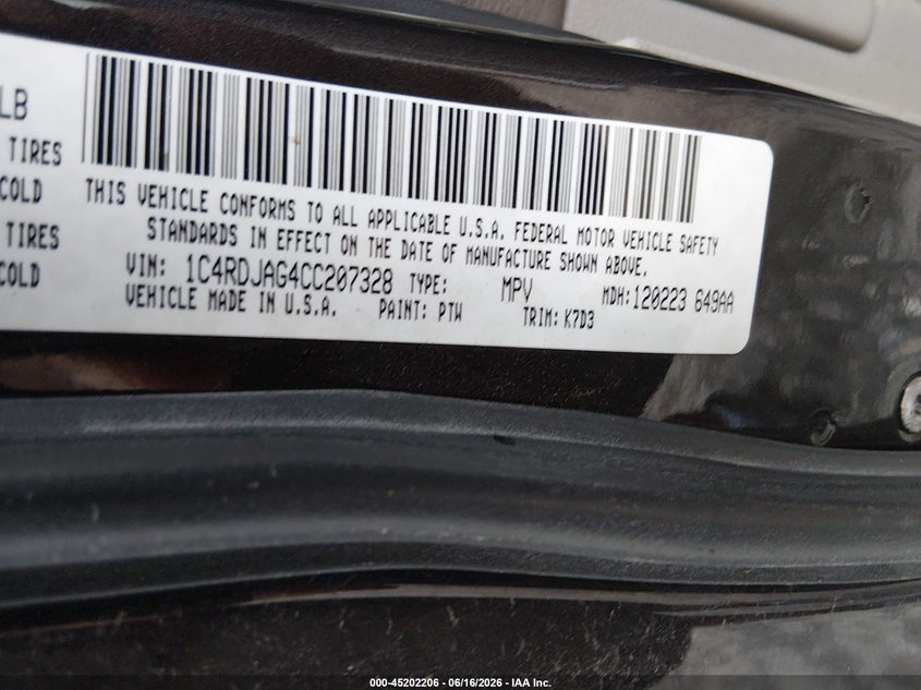 2012 Dodge Durango VIN 1C4RDJAG4CC207328 IAAI salvage auction — RIGHT REAR, Repossession Paperwork (South Carolina), sold $350 on 2026-07-19 (photo 9)
