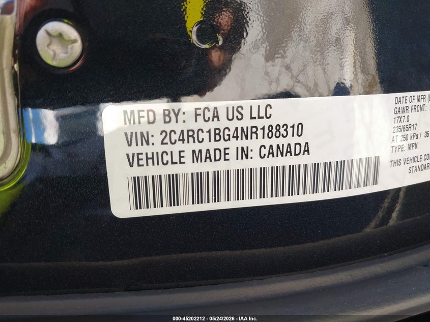 2022 Chrysler Pacifica VIN 2C4RC1BG4NR188310 IAAI salvage auction — HAIL, Clear (Missouri), sold $8,250 on 2026-07-27 (photo 9)