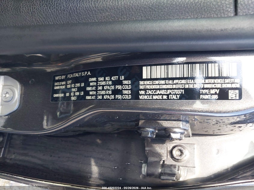 2018 Jeep Renegade VIN ZACCJAAB2JPG70371 IAAI salvage auction — RIGHT SIDE, Repossession Paperwork (Georgia), sold $1,750 on 2026-07-31 (photo 9)