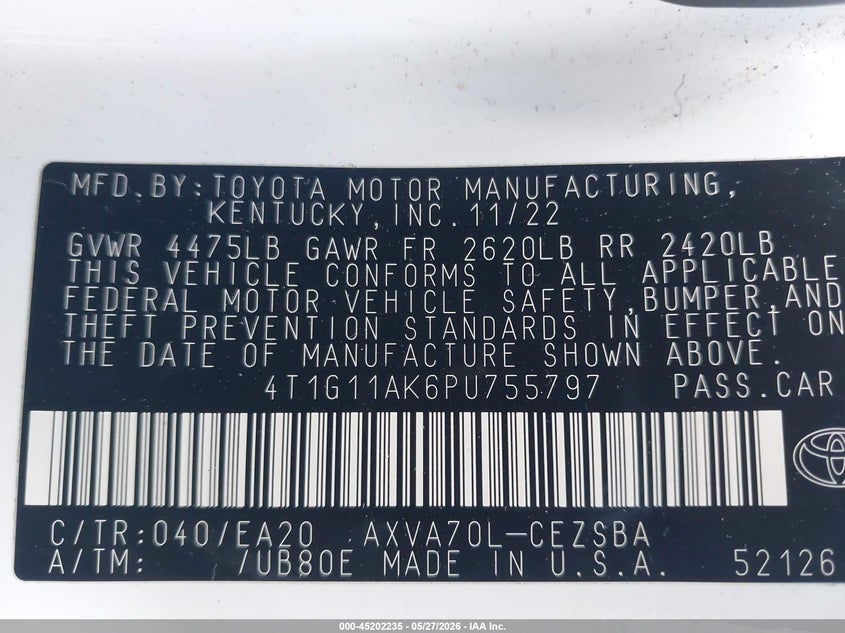 2023 Toyota Camry VIN 4T1G11AK6PU755797 IAAI salvage auction — FRONT END, Salvage Title, sold $6,900 on 2026-07-09 (photo 9)