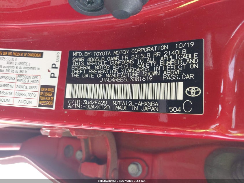 2020 Toyota Corolla VIN JTND4RBE6L3081619 IAAI salvage auction — REAR END, Salvage (Illinois), sold $6,050 on 2026-07-14 (photo 9)