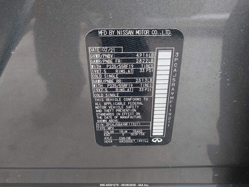 2021 Infiniti Qx50 VIN 3PCAJ5BA9MF119211 IAAI salvage auction — FRONT END, Salvage (California), sold $6,500 on 2026-07-08 (photo 9)