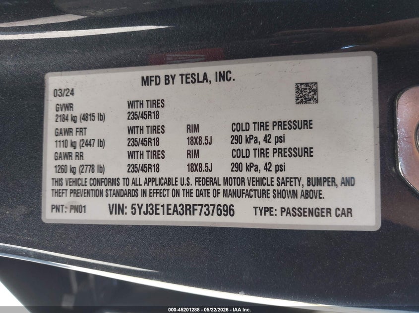 2024 Tesla Model 3 VIN 5YJ3E1EA3RF737696 IAAI salvage auction — FRONT END, Salvage (California), sold $16,025 on 2026-07-09 (photo 9)